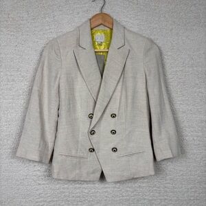 Anthropologie Blazer Womens 2 Cream Double Breasted‎ Lined Padded 3/4 Sleeve